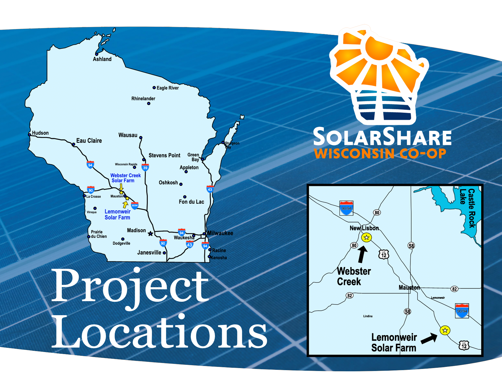 Map of Wisconsin showing SolarShare Project Locations